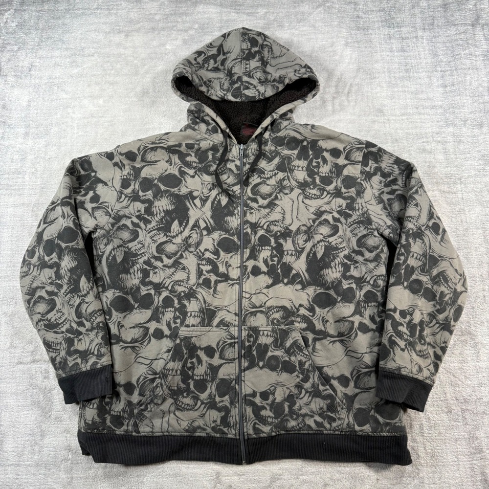 MMA Elite Sweatshirt Mens XL Gray Vintage Y2k Skull Print Sherpa Lined Gothic